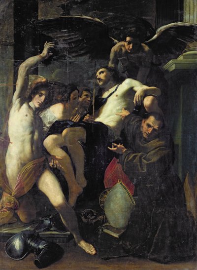 Christus Aanbeden door Engelen, St. Sebastiaan en St. Bonaventura door Carlo Bononi